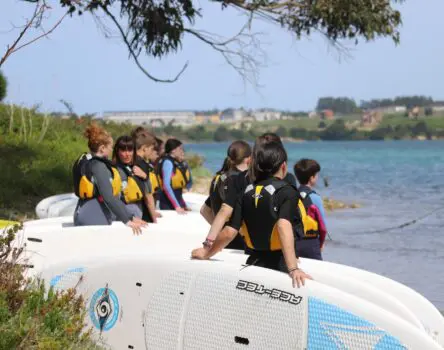 Chicos en campamento esperando para practicar surf