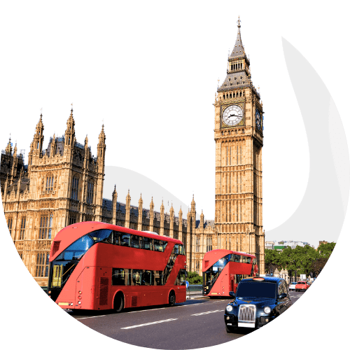 Imagen de Londres con autobuses míticos y Big Ben